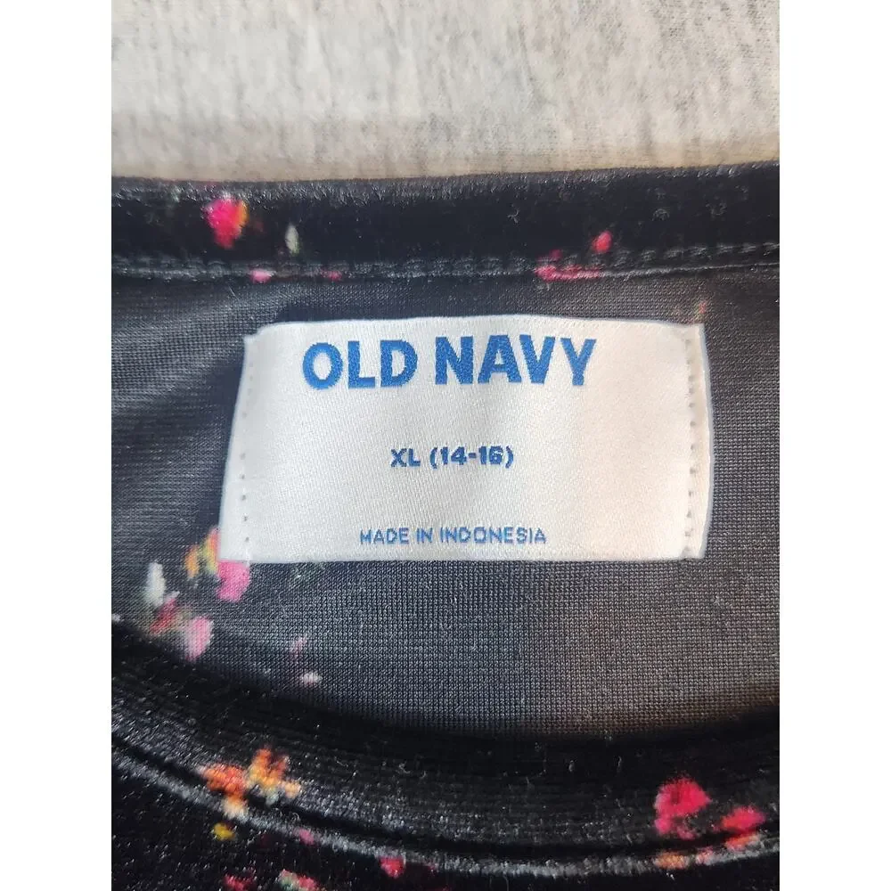 Old Navy Girls XL 14-16 Black Velvet Floral Dress Puff Sleeve Tiered‎